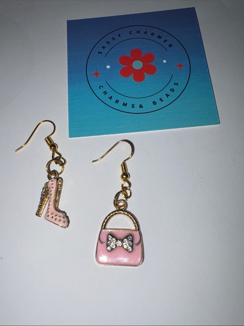 Pink Handbag & Heel Dangle Earrings - Gold Accent by Sassy Charmer